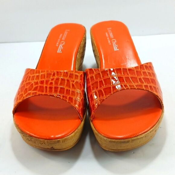 Lorenzo Chelini Orange Crocodile Print Cork Wedge Sandals. Womans 8............. - Picture 4 of 13